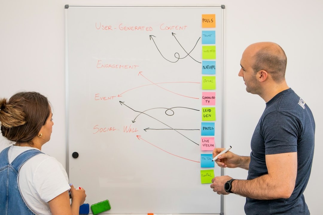 Man and woman discussing marketing strategy on a whiteboard.